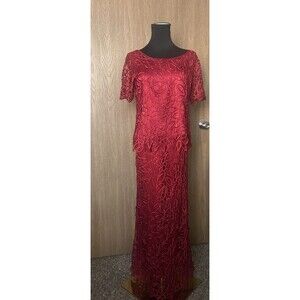 VTG Silken Poetry Red L Top S Skirt Floral Hand Crochet Beads 100%silk